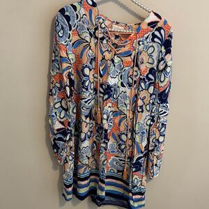 Red Camel Boho Floral Lace-Up Tunic Top Size Small